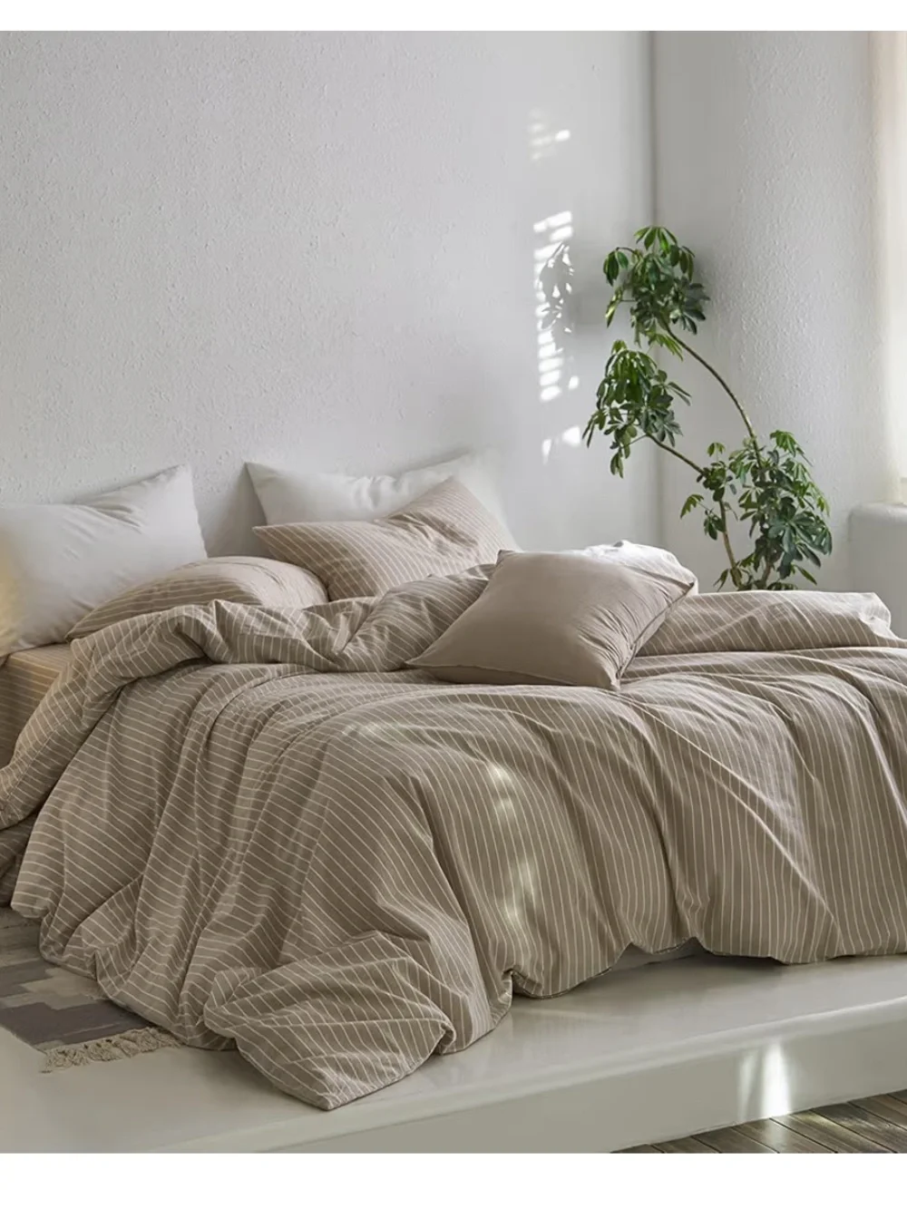Wide Stripe Tannish Linen Grey & White Bedding Set - Neutral Stripe Comfort